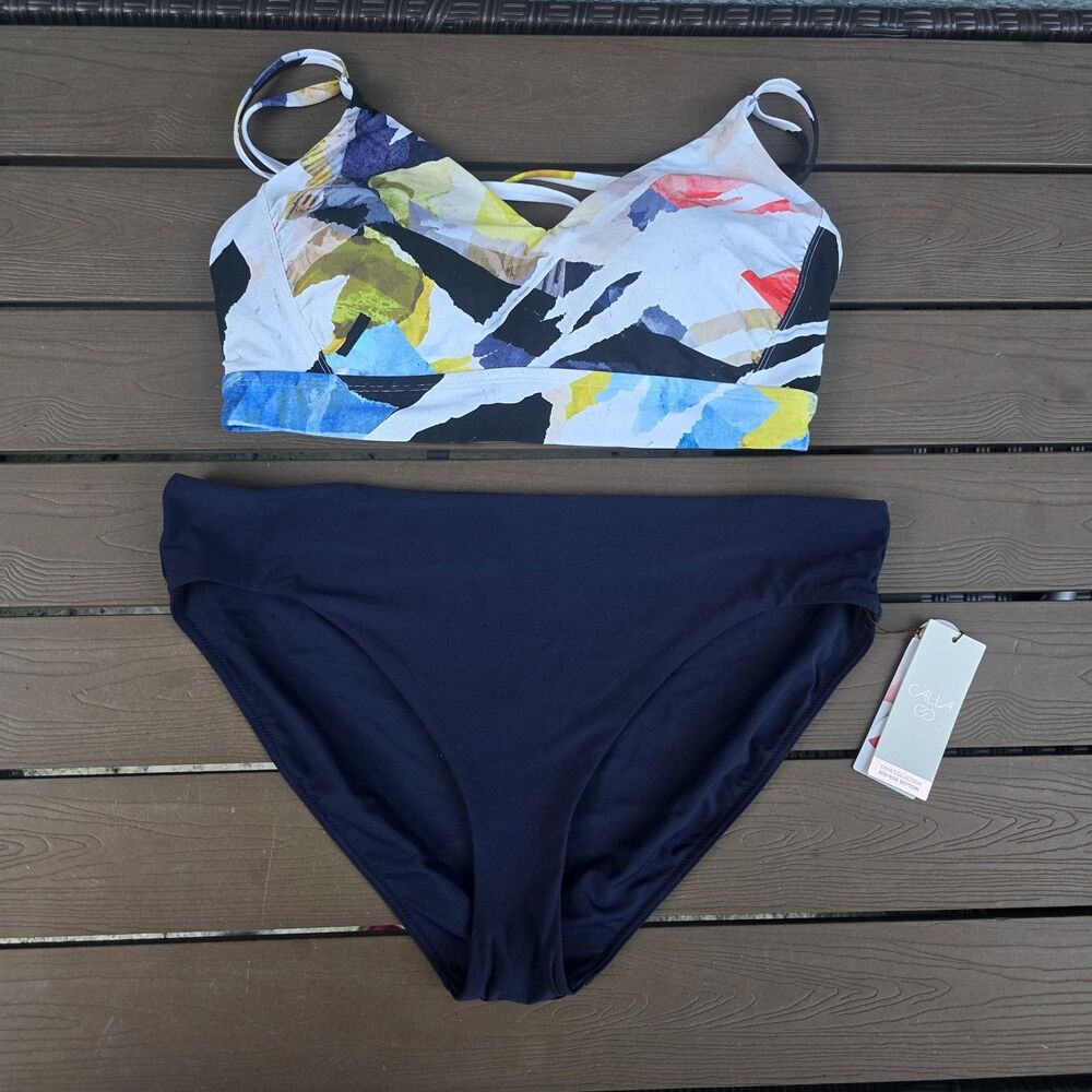 CALIA Women's Collage Rouched Strappy Top & Navy Mid Rise Bikini Sz XL New